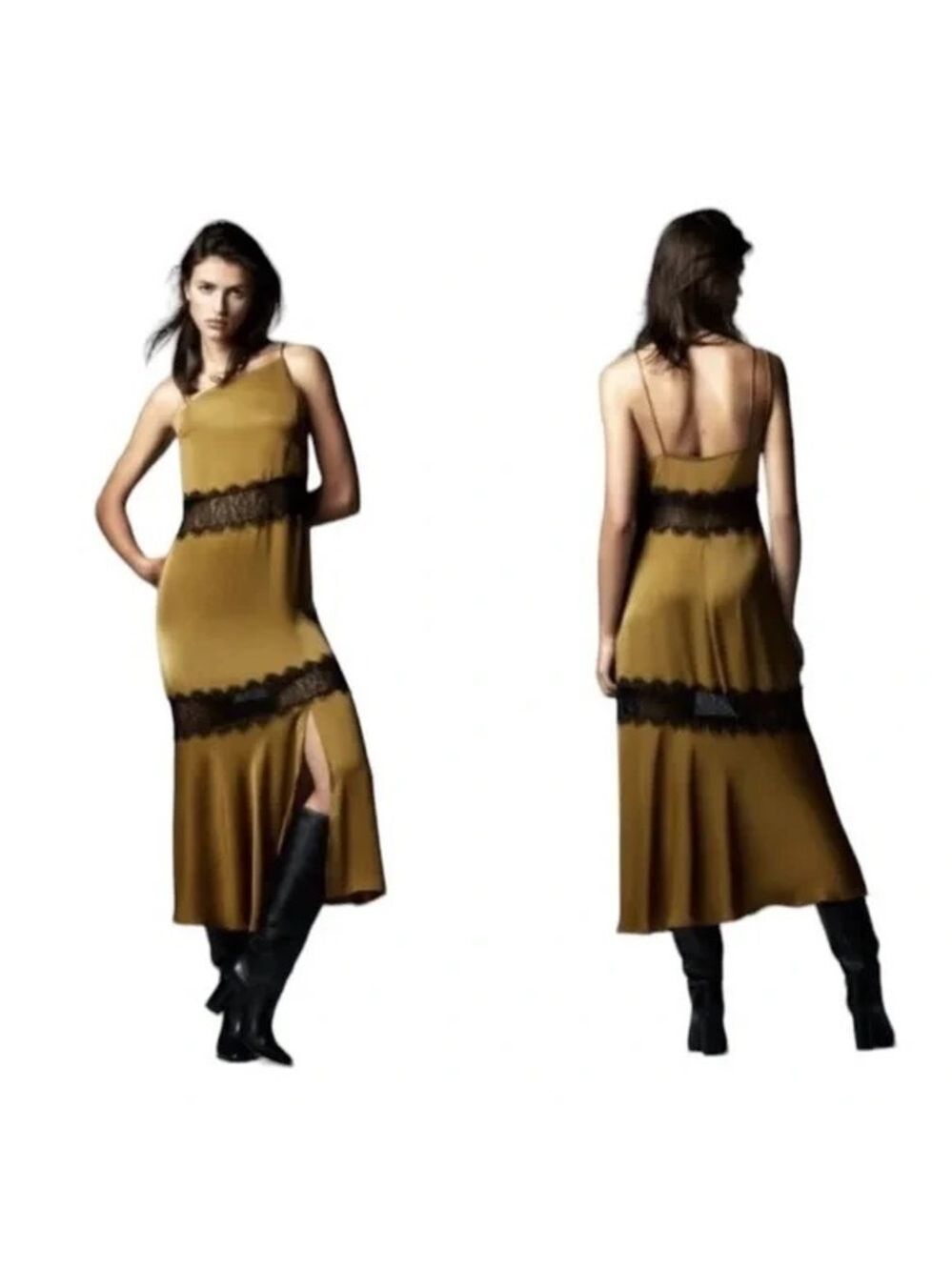 Zara Slip Dress Women’s Size XS Green Yellow black lace detail MIDI NWT - Picture 14 of 15